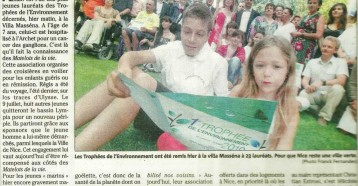 Des lauriers pour ces Niçois qui veulent sauver la Terre, Nice Matin 20 juin2010