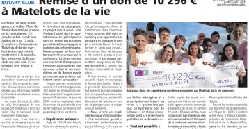 Remise d’un don de 10 296 € à Matelots de la vie, Les Sables Vendée Journal 16 août 2018