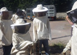 Idrissa s’occupe de l’enfumoir pour calmer les abeilles