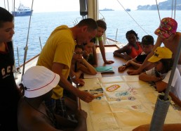 Les matelots préparent leur voyage sur la carte marine